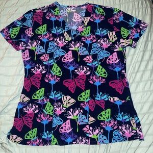 Floral Butterfly Print Women's Scrub Top